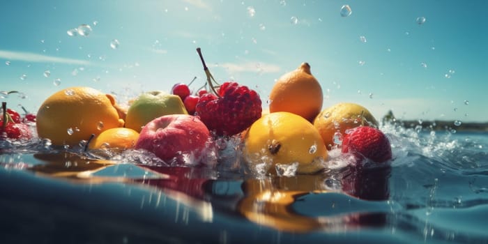 green berry fruit agriculture delicious background healthy wave food drop fresh black vegetarian ingredient citrus diet apple water vitamin vegetable strawberry. Generative AI.