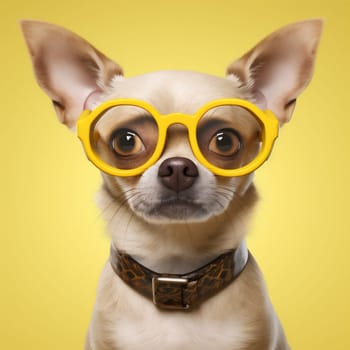 friend dog background animal little funny concept doggy clever cute isolated yellow chihuahua glasses young fun pet happy puppy portrait canine. Generative AI.