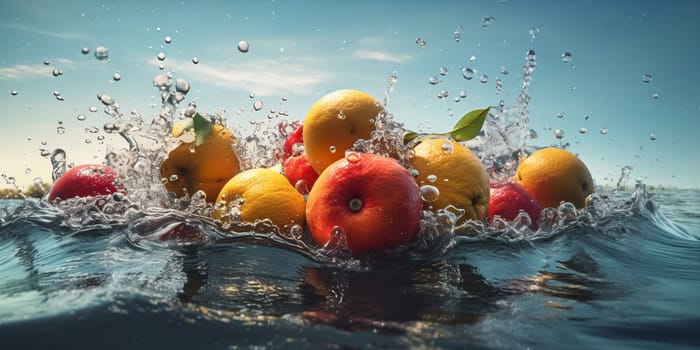 wave ingredient green water food delicious yellow grape healthy red concept strawberry fresh background fruit berry isolated vitamin drop kiwi sweet. Generative AI.