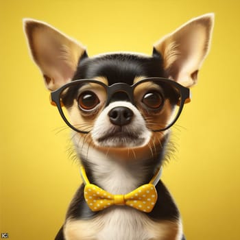 young dog eyeglass wear glasses cute smart canino student background canine animal fashion puppy mammal chihuahua friend pedigree portrait pet yellow. Generative AI.