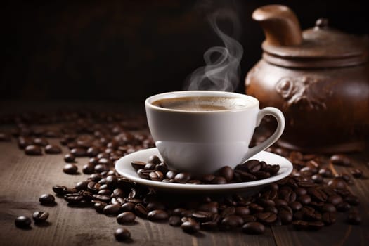 cappuccino drink brown morning caffeine old espresso roast food mug background bean breakfast cafe black taste cup aroma closeup style. Generative AI.