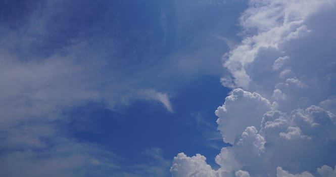 Blue sky and white cumulus clouds texture background. Blue sky on sunny day. Beautiful blue sky. World Ozone Day. Ozone layer. Summer sky. Beauty in nature. Nice weather in summer season. Summer day.        