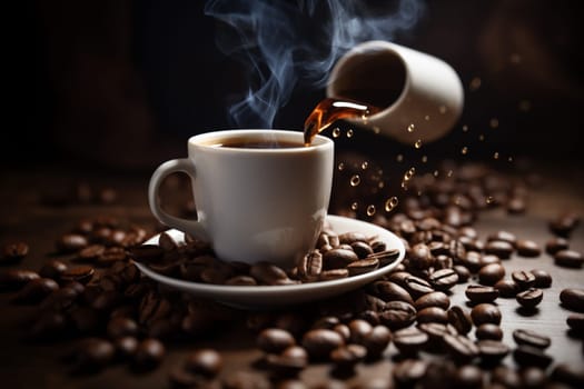 background closeup hot cafe drink bean espresso roasted beverage wood grain drink style brown cup roast morning breakfast dark mug aroma. Generative AI.