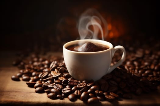 shop cafe bean cup aroma grain copyspace mug espresso old brown wood background caffeine breakfast drink texture retro wooden morning. Generative AI.