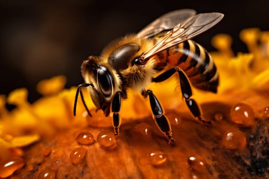 flower honeycomb honey yellow nature shape closeup vibrant gold generative flying sweet insect bee beeswax pollen wildlife macro background honeyed ai. Generative AI.