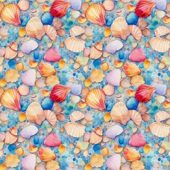 Seamless pattern: watercolor illustration of seashells and pebbles on the sand. Realistic drawing. generative ai