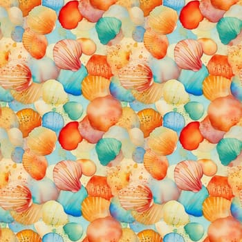 Seamless pattern: watercolor illustration of seashells and pebbles on the sand. Realistic drawing. generative ai