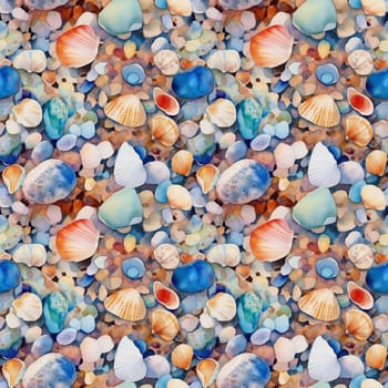 Seamless pattern: watercolor illustration of seashells and pebbles on the sand. Realistic drawing. generative ai