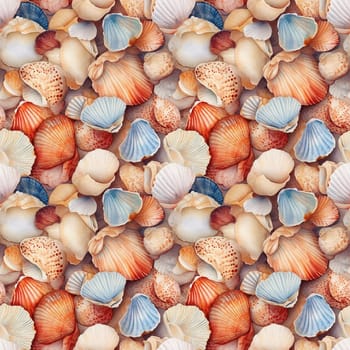 Seamless pattern: watercolor illustration of seashells and pebbles on the sand. Realistic drawing. generative ai