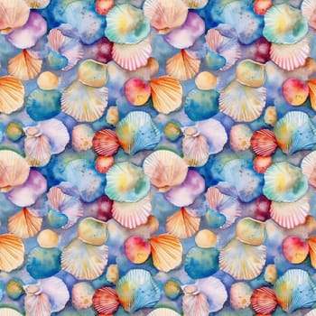 Seamless pattern: watercolor illustration of seashells and pebbles on the sand. Realistic drawing. generative ai