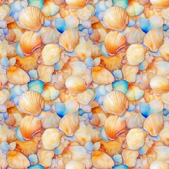 Seamless pattern: watercolor illustration of seashells and pebbles on the sand. Realistic drawing. generative ai