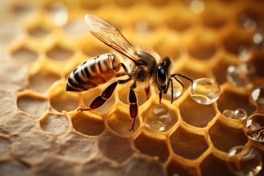 beeswax macro sweet buzz nectar wax honey honeyed flying yellow bee bee ai apiarist beehive gold nature honey background insect pollen closeup. Generative AI.