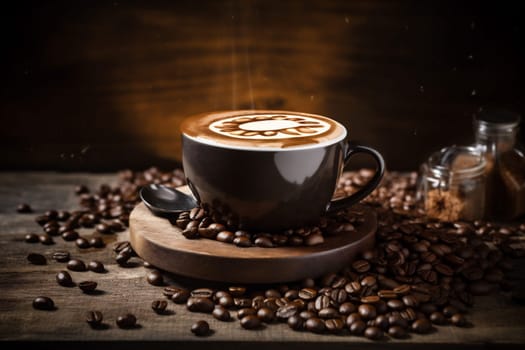 aroma wood hot espresso dark old drink mug grain cup morning breakfast cafe caffeine beverage bean brown texture retro copyspace drink. Generative AI.