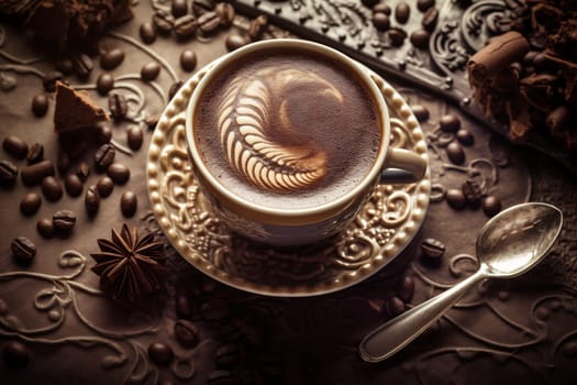 cup aroma cafe wooden white drink breakfast caffeine latte mug shop rustic wood espresso morning bean natural taste brown roast. Generative AI.