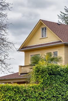 Top of yellow residential house with palm tree in front on overcast sky background