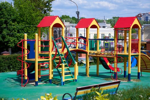 Ryazan, Russia - May 22, 2023: An empty children's playground on a clear sunny day