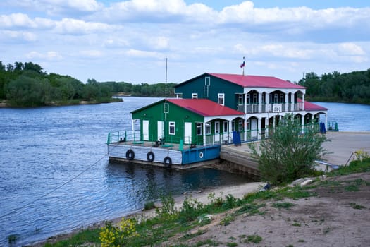 Ryazan, Russia - May 22, 2023: Floating pier on the Oka river in Russia