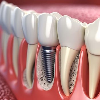 Anatomy of healthy teeth and tooth dental implant in human dentura. 3d illustration.
