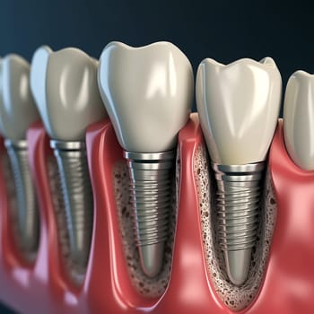 Anatomy of healthy teeth and tooth dental implant in human dentura. 3d illustration.