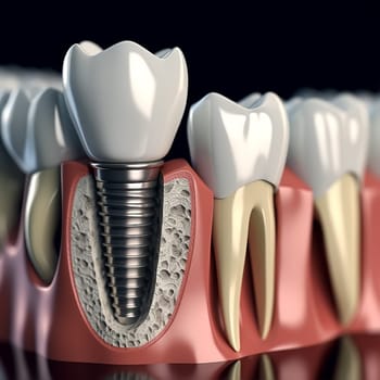 Anatomy of healthy teeth and tooth dental implant in human dentura. 3d illustration.