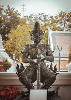 Bangkok, Thailand Apr 18, 2023 - The Buddhism Giant or Thai is called "Thao Wessuwan" (God of Wealth) Statue at Wat Suthat Thepwararam Bangkok Thailand. Thao Wessuwan helps People for Lucky, Wealth, Success and Protection them get free from any bad situation.