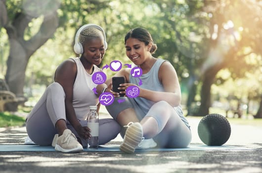 Smartphone, app icons and fitness with women and yoga with exercise application for weightloss. Social media, overlay and health with pilates, headphones and music with friends, real and plus size.