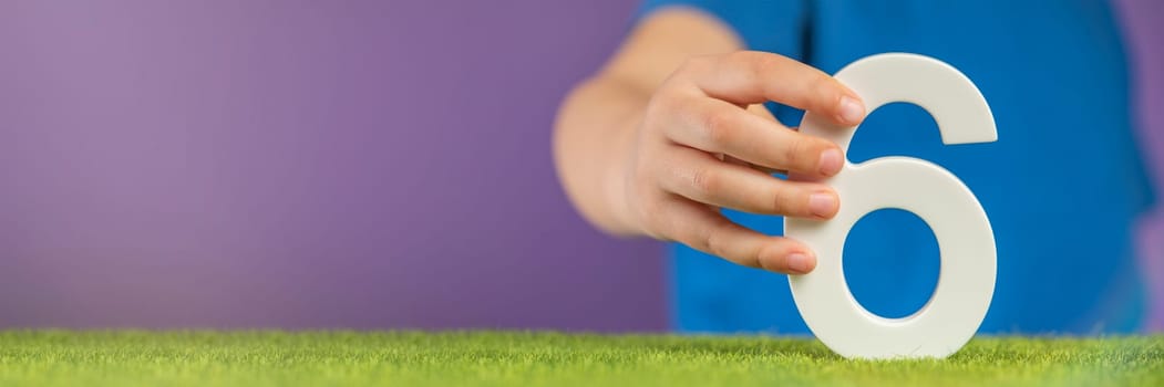 Number 6 in hand. A hand holds a white number six on green grass and a purple background, six percent per annum. Swedish Constitution Day. July 6th. High quality photo