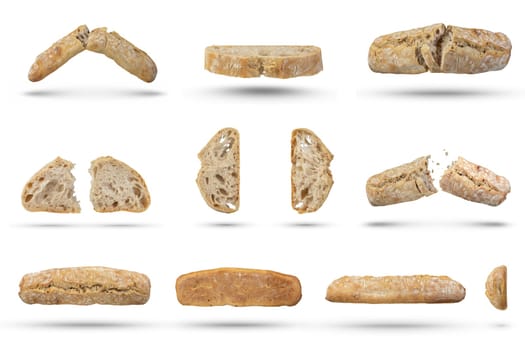 Set of loaves of fresh ciabatta bread from all sides on a white isolated background. A whole loaf of bread for a design or project from different angles on a white background. Italian pastry concept