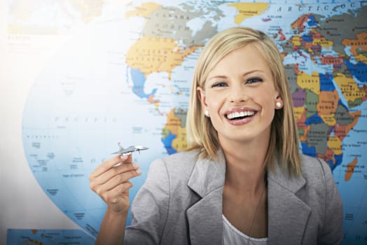 Travel agency portrait, plane and happy woman, business agent or consultant planning airplane journey, trip or global tour. World map, holiday transportation and person working on vacation route plan.