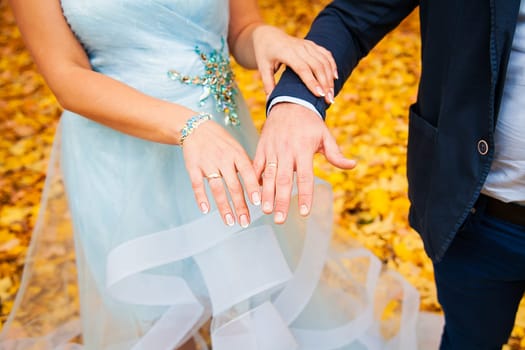 Newly wed couple's hands with wedding rings.