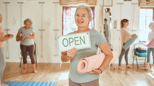 Yoga, open sign and elderly woman in studio with fitness for mature women, exercise and pilates for health and wellness. Balance, zen and workout portrait, training motivation for senior people