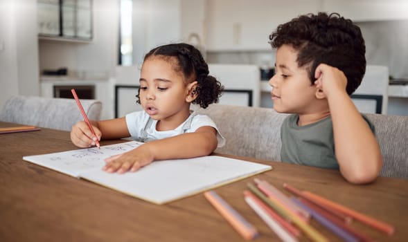 Creative, family and children drawing learning creativity from an education or artistic preschool project together in home. Girl, boy and siblings or kindergarten students color in picture in a book.