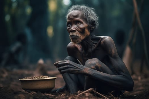 Hunger Poor Poverty. Social inequality, homeless or beggar begging for help sitting at dirty slum,human rights,donate and charity for underprivileged children in third world. Generative AI