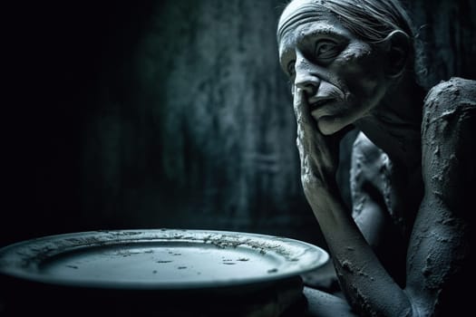 Hunger Poor Poverty. Social inequality, homeless or beggar begging for help sitting at dirty slum,human rights,donate and charity for underprivileged children in third world. Generative AI