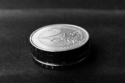 Euro close up photos. Macro coins. Soft focus, dark background