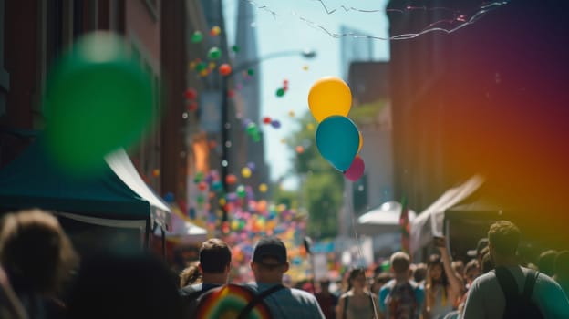 Happy people at gay pride parade. Pride month celebration, LGBTQ rainbow flag. Generative Ai