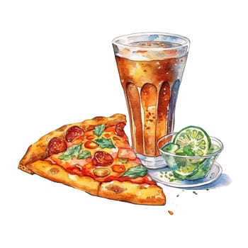 watercolor drawing of fast food. striped glass with a drink and pizza on a transparent background. Ai generative