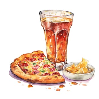 watercolor drawing of fast food. striped glass with a drink and pizza on a transparent background. Ai generative