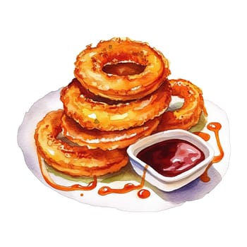 Onion rings fries and sauces, watercolor set on a white background, isolated. Fast food drawing, illustration for the menu, print for various designs.