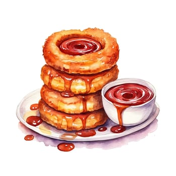 Onion rings fries and sauces, watercolor set on a white background, isolated. Fast food drawing, illustration for the menu, print for various designs.