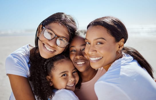 Black family, summer and kids portrait at ocean with mom enjoying USA vacation in sunshine. Love, care and happy family hug together with joyful smile on holiday break at sunny beach