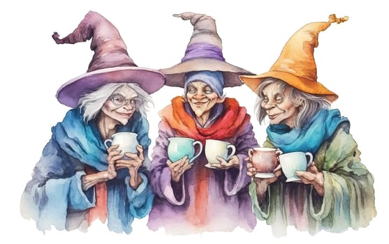 Relocation of witches drinking coffee and talking on transparent background. Ai generative