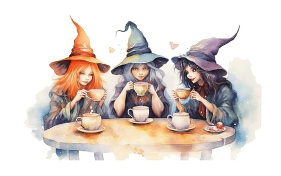 Relocation of witches drinking coffee and talking on transparent background. Ai generative