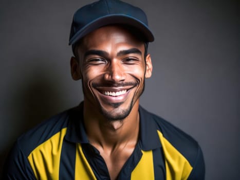 Delivery Concept - Portrait of Happy African American delivery man holding a box package against grey background. Generative Ai