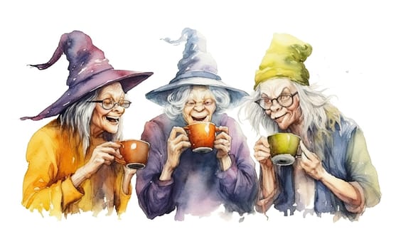 Relocation of witches drinking coffee and talking on transparent background. Ai generative