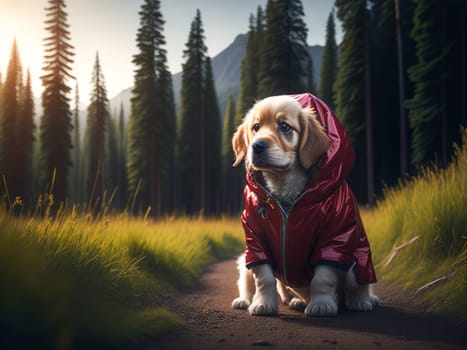 Cute dog golden retriever wearing red rain jacket hiking in the forest. Dog vacation relax concept. Generative Ai