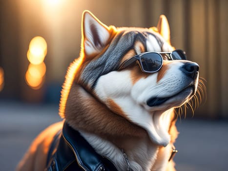 Cute dog husky breed wearing leather jacket and sunglasses city on background. Dog vacation relax concept. Generative Ai