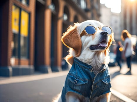 Cute dog golden retriever breed wearing denim jacket and sunglasses city on background. Dog vacation relax concept. Generative Ai