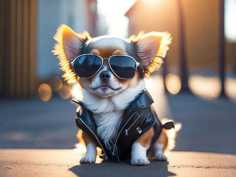 Cute dog chihuahua breed wearing leather jacket and sunglasses city on background. Dog vacation relax concept. Generative Ai