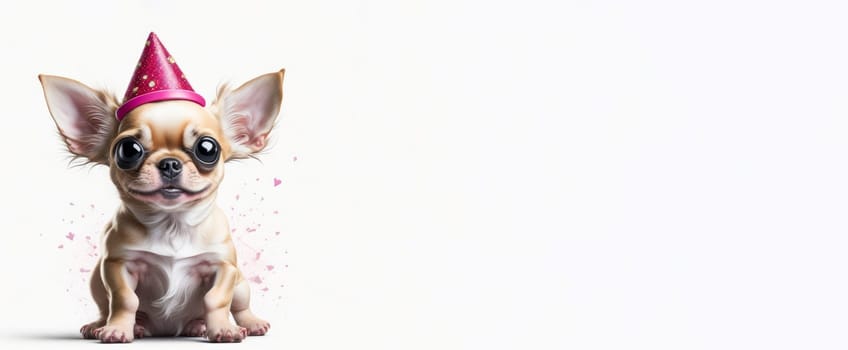 Banner of cute funny chihuahua puppy wearing birthday hat on white background. Space for text. Copy space. Generative Ai